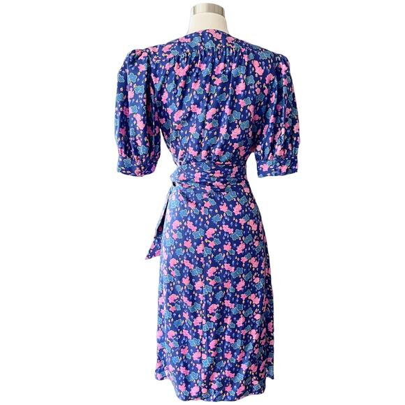 MARC JACOBS Silk Wrap Dress Half Puff Sleeves Belted Floral Blue Pink V-Neck 6 - Picture 3 of 10
